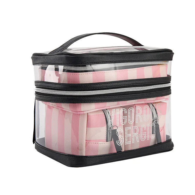 Pink and white striped floral print synthetic leather folding makeup bag.