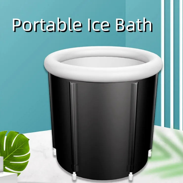 Black portable inflatable ice bath tub with weather lid showing 70x80cm dimensions for cold therapy recovery