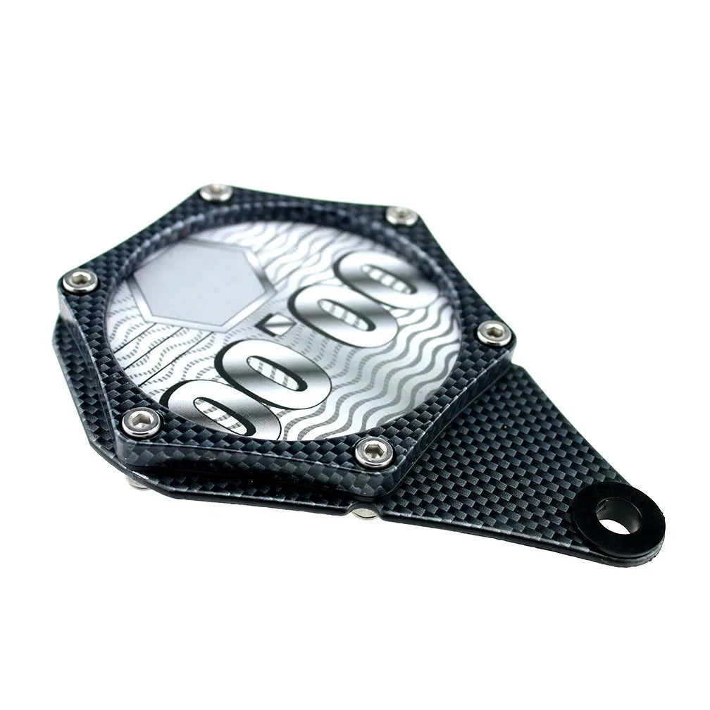 Black carbon fibre pattern aluminium alloy motorcycle tax disc holder with waterproof seal