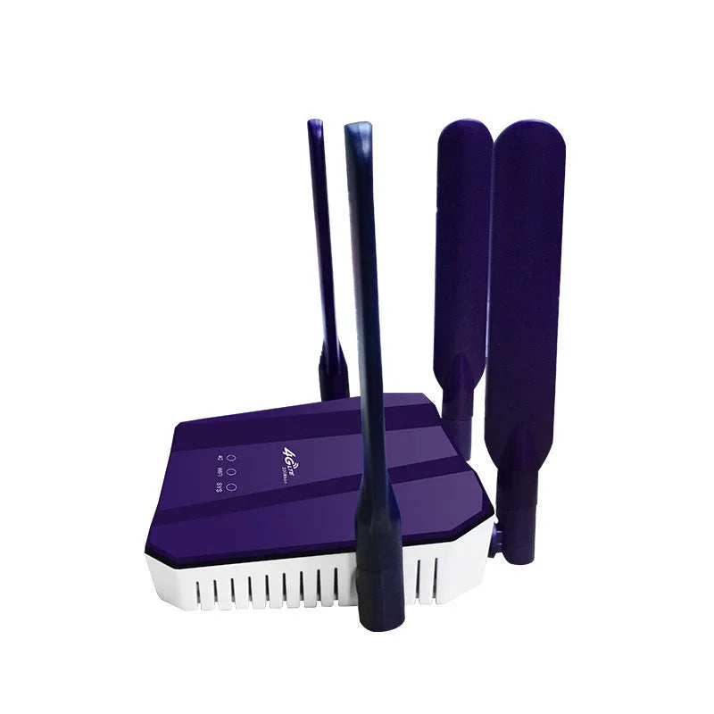 Blue 4G all-netcom dual-mode router with four antennas on a desk.