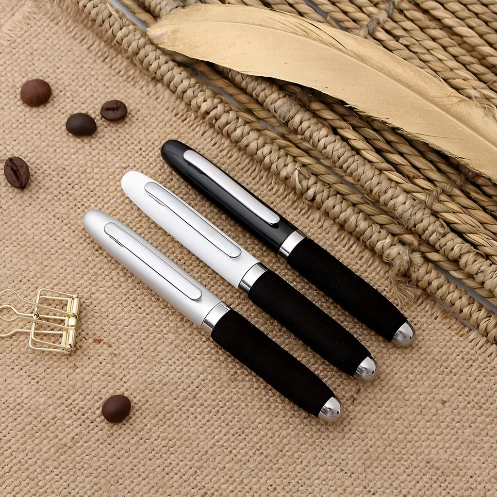 EVA metal cap mini ballpoint pen showing compact 112mm size and available refill colour options.