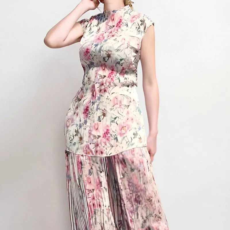 Long sleeve printed chiffon high waist dress shown as a two-piece skirt and top set.