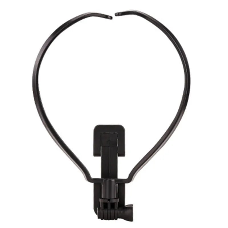 Black ABS plastic neck phone holder showing flexible ring and smartphone mounting mechanism