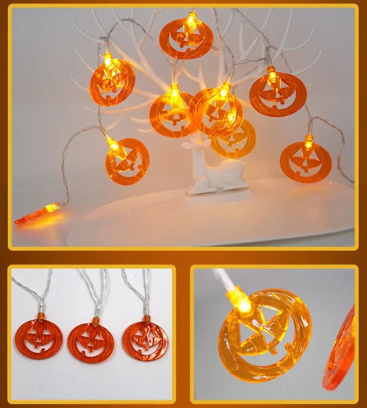 Halloween LED string lights with pumpkin, ghost, and bat decorations on a 1.2m white wire.