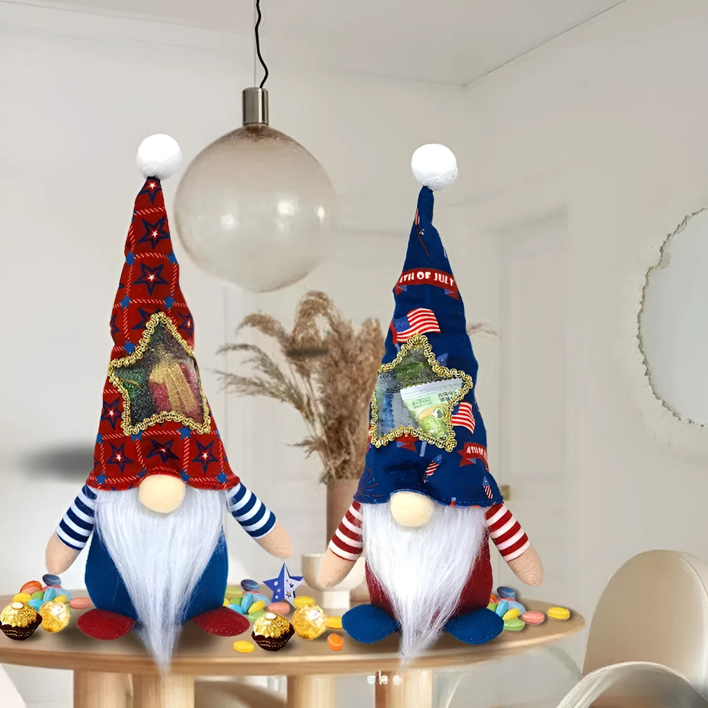 Set of two Rudolf-themed faceless baby doll candy bags made from soft cloth.