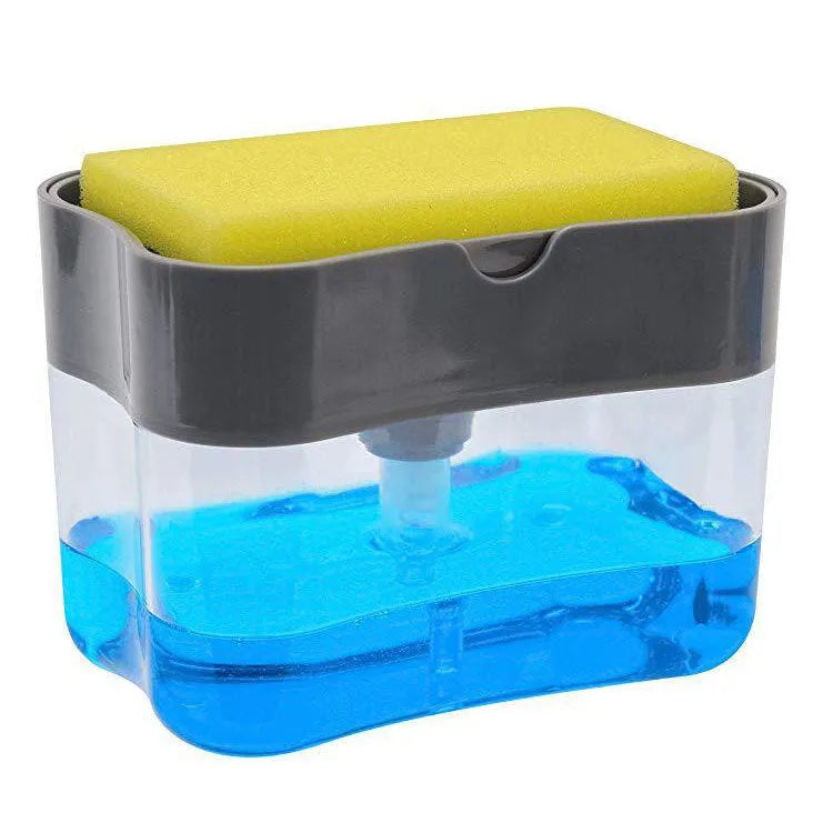 Plastic kitchen soap dispenser in choice of black, grey, pink, or silver colours on a countertop.