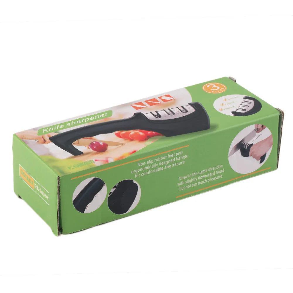 Manual knife sharpener in black with three-stage slots and rubber feet, shown with a kitchen knife.