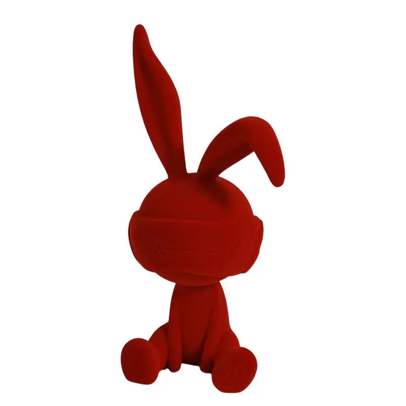 Suede blindfold rabbit resin table ornament in blue, green, or red colours
