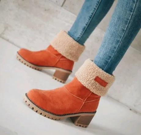 Women's suede mid-calf snow boots in multiple colours on a beef tendon sole