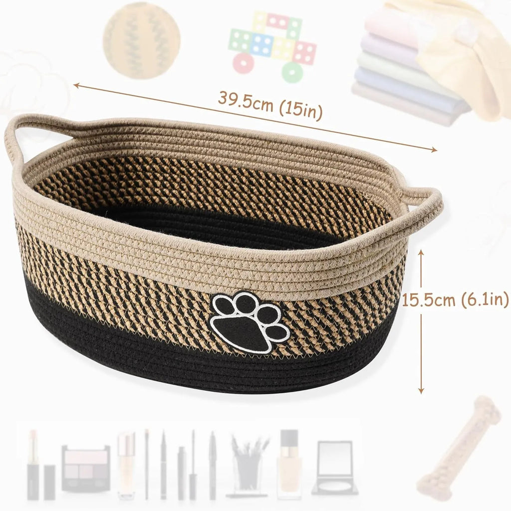 Small light beige woven cotton rope storage basket with a wooden handle.