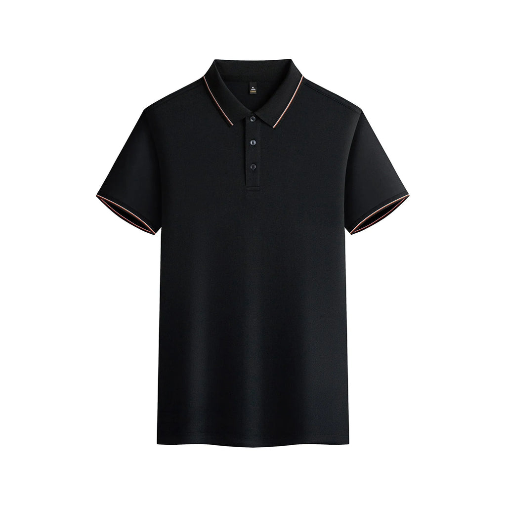 Men's solid colour short-sleeved polo shirt in polyester fabric on a hanger.