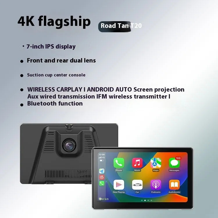 7-inch black wireless CarPlay projection car camera with wide-angle lens for dashboard installation