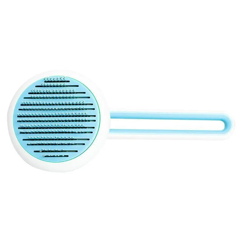 Automatic pet hair remover brush with stainless steel teeth and coloured ABS handle, shown with the hair release button.