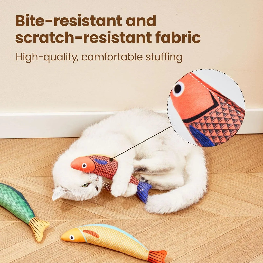 Green saury fish shaped cat toy with organic catnip filling and crinkle sound feature for indoor play