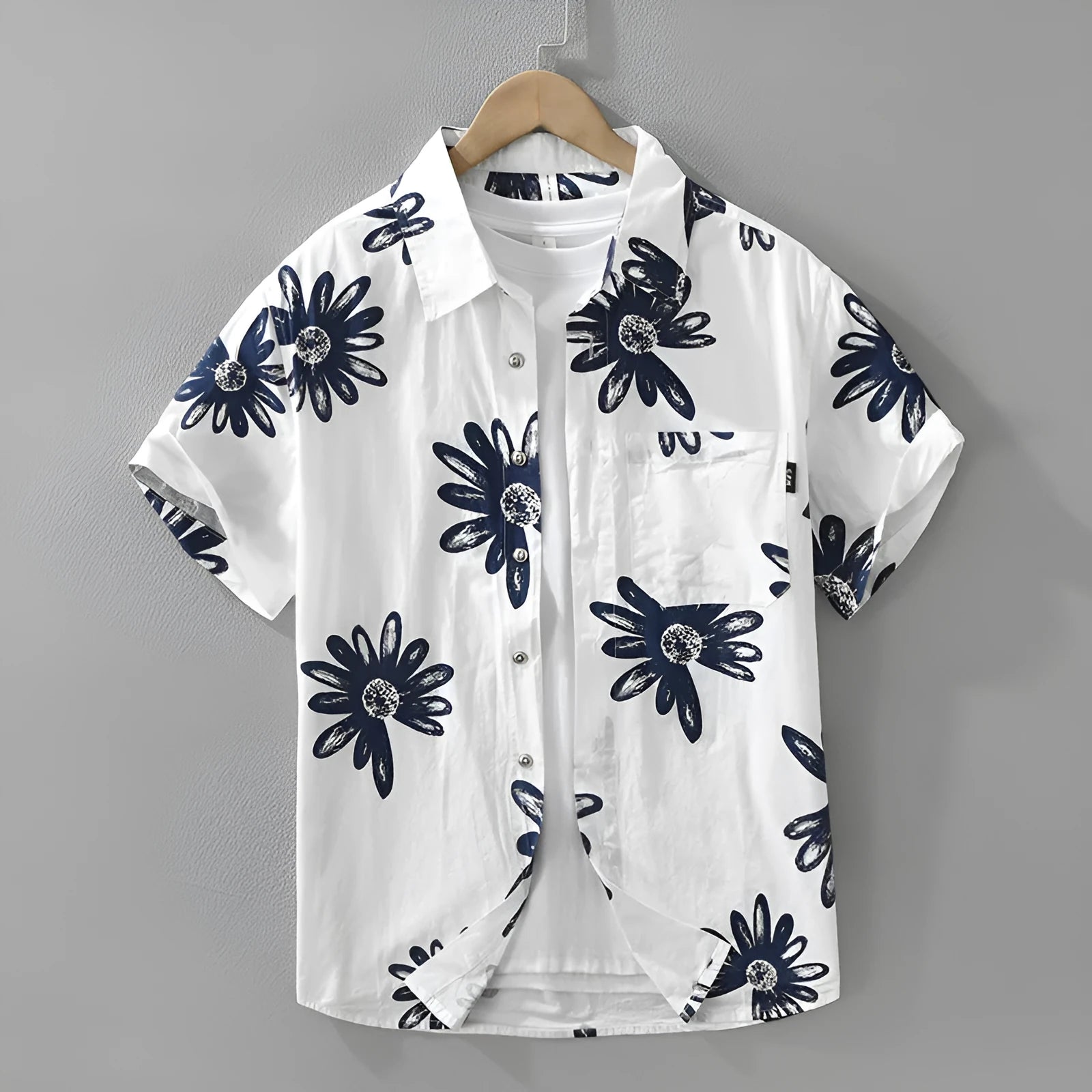 Japanese printed short sleeve shirt in loose cardigan style, available in white and apricot colours