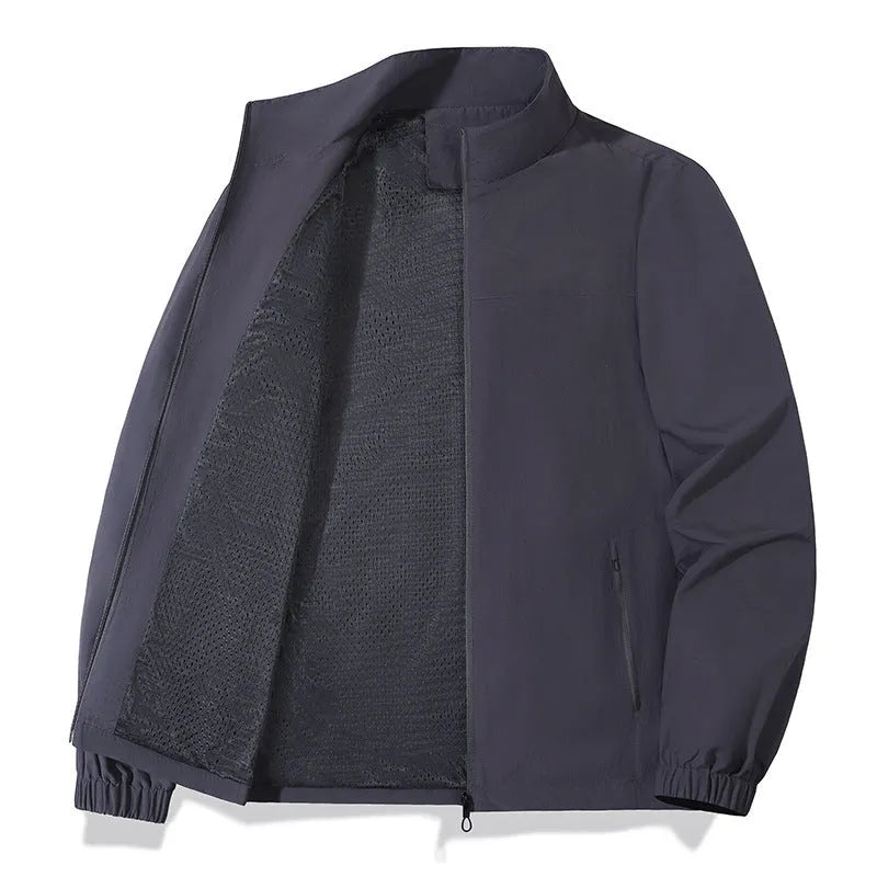 Men's large size casual windproof jacket with stand collar and zipper in khaki colour