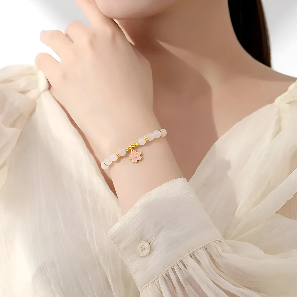 S925 silver cherry blossom pendant on Hetian jade beaded bracelet for women