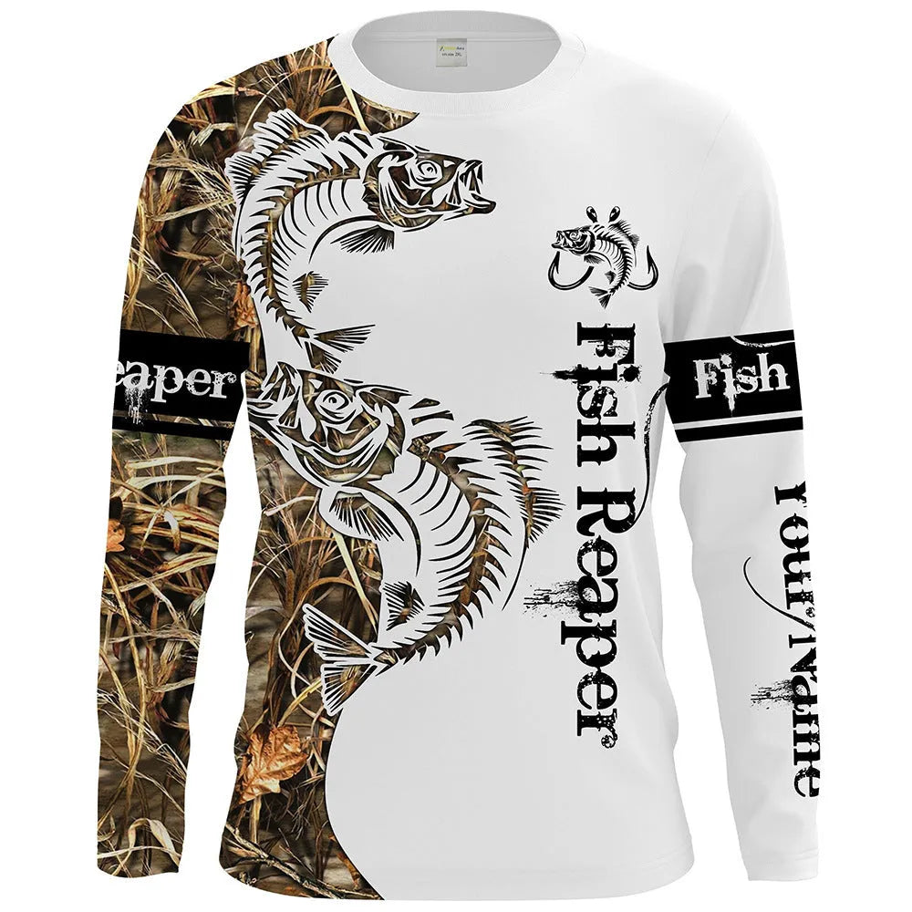 Men's long-sleeved grey pullover top with a detailed all-over blue fish print, round neck