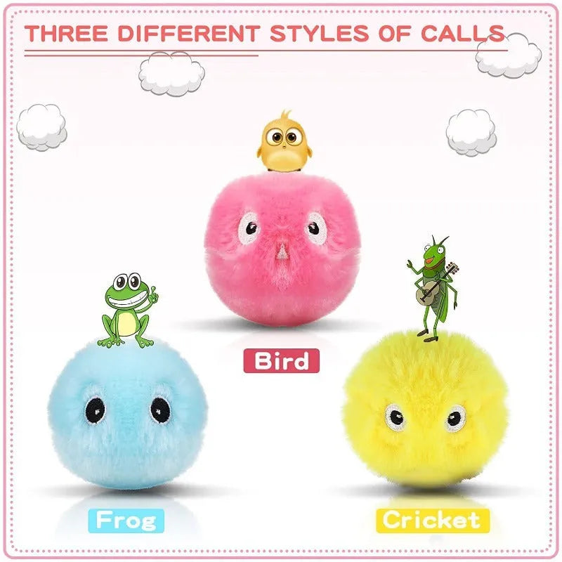 Blue, pink and yellow interactive cat toy balls that make animal sounds