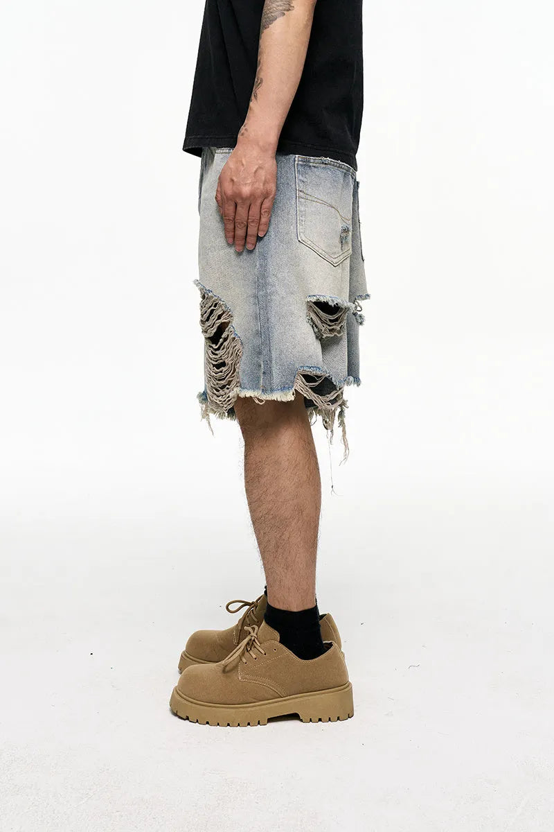 Light blue retro washed men's baggy denim shorts with wide leg cut and mid waist
