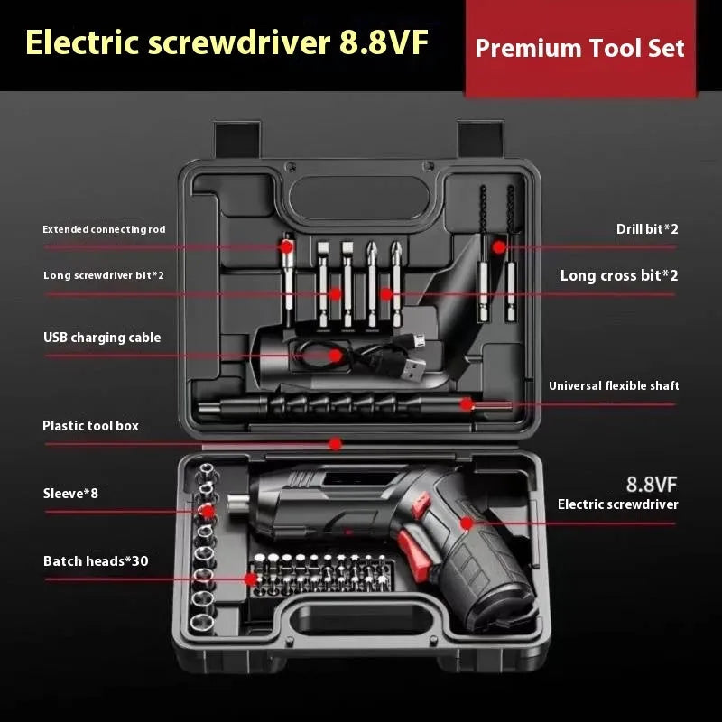 Cordless electric screwdriver tool with lithium battery and utility bag set for DIY home use.