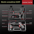 Cordless electric screwdriver tool with lithium battery and utility bag set for DIY home use.