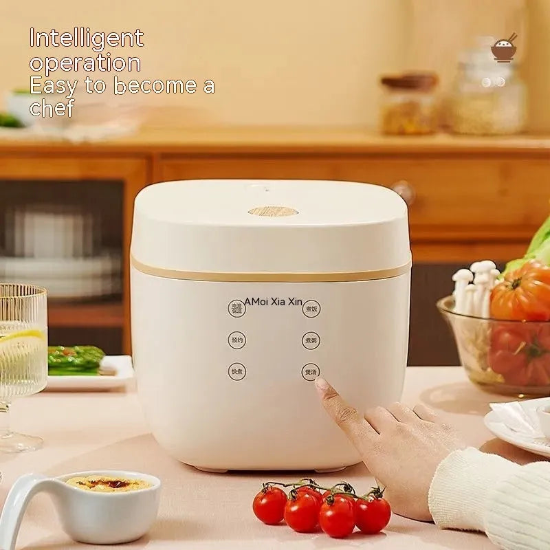 White intelligent rice cooker with black crystal inner pot and accessories