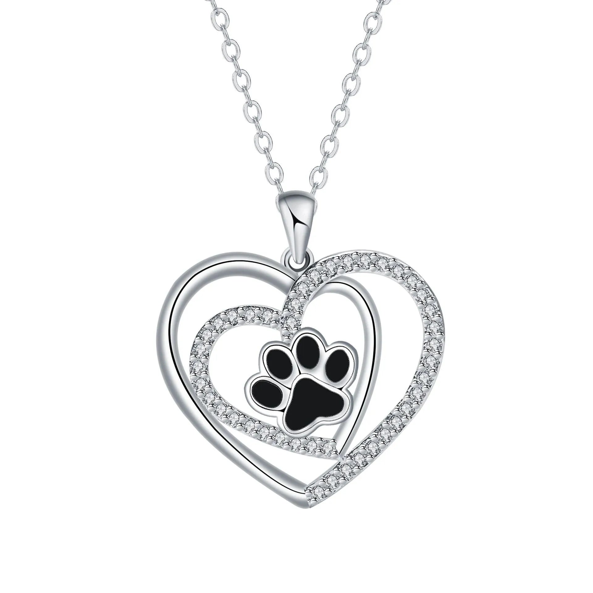 Women's dog paw print heart necklace on a cross chain, electroplated copper pendant.