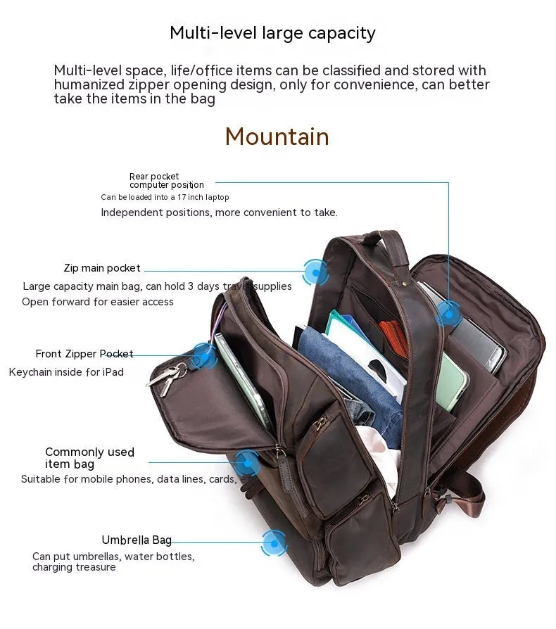 Dark brown Retro Crazy Horse leather backpack for a 17-inch laptop, showing internal organiser pockets.