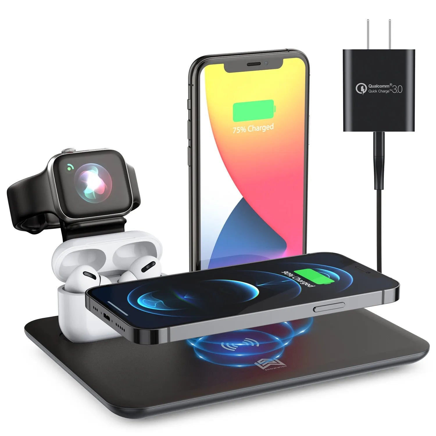 Black wireless charging station for phone watch headphones on desktop with USB cable