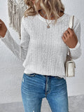 White long sleeve hollow T-shirt top with round neck and loose fit