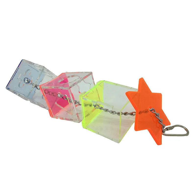Clear acrylic bird foraging device measuring 5x5x32cm for parrot enrichment