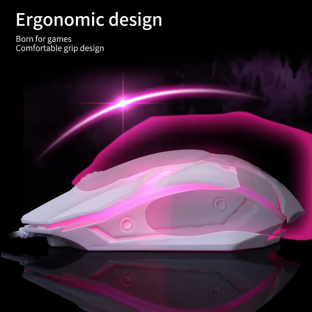 Wired USB computer mouse with colourful LED glow in black or white, showing 1.3m cable and three-button design