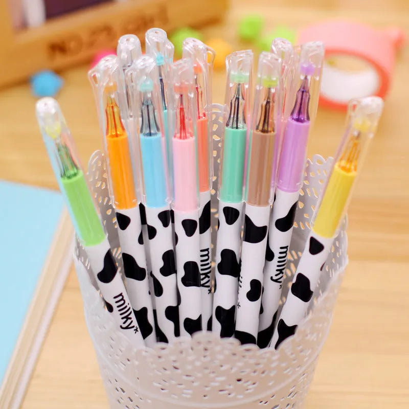 Cow print gel pen set with 0.38mm fine tip, showing 12 assorted colour refills.