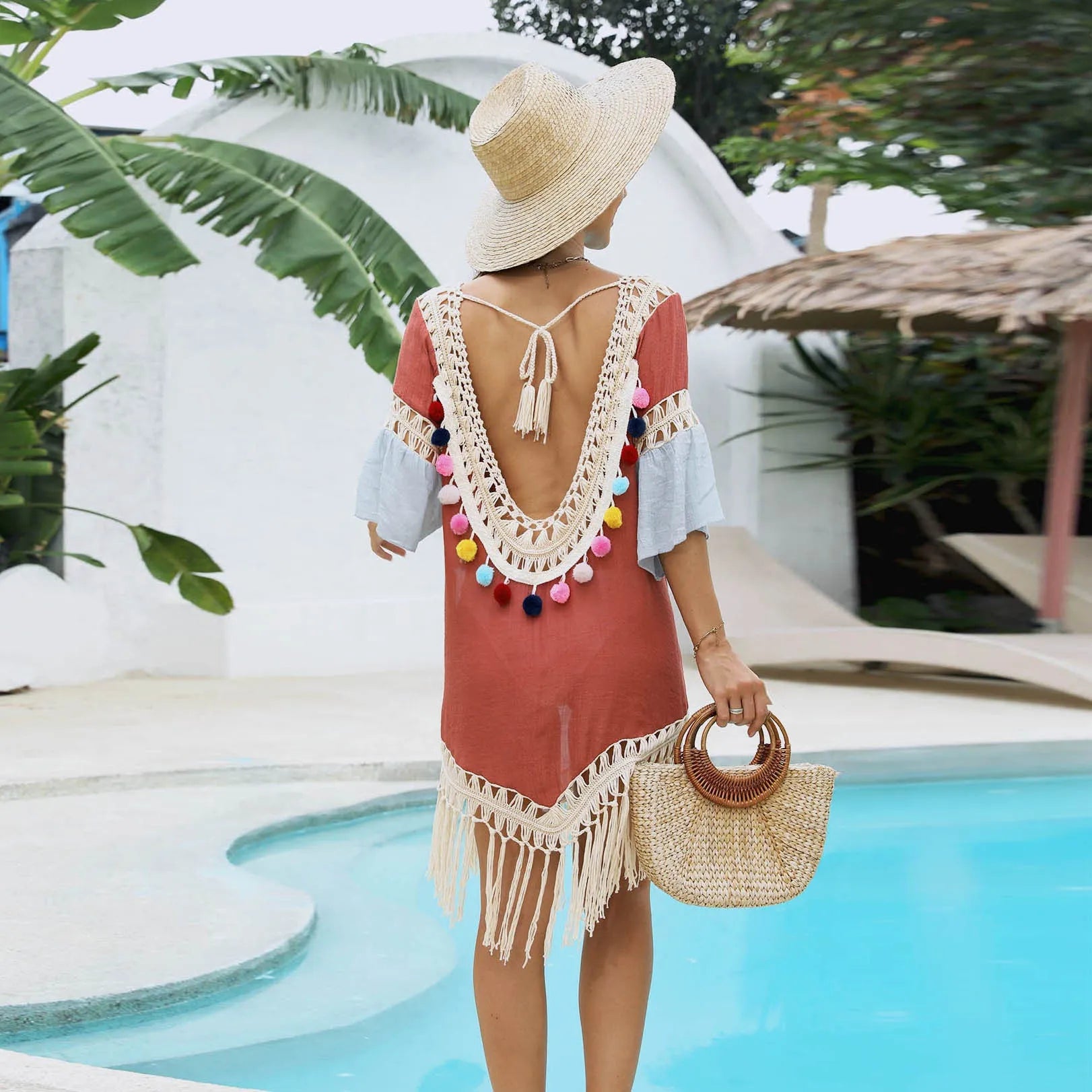 Orange floral beach overskirt with hand crochet detailing and tassels