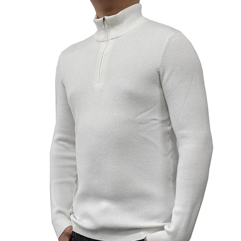 Men's black half turtleneck zipper sweater laid flat showing zip detail and long sleeves