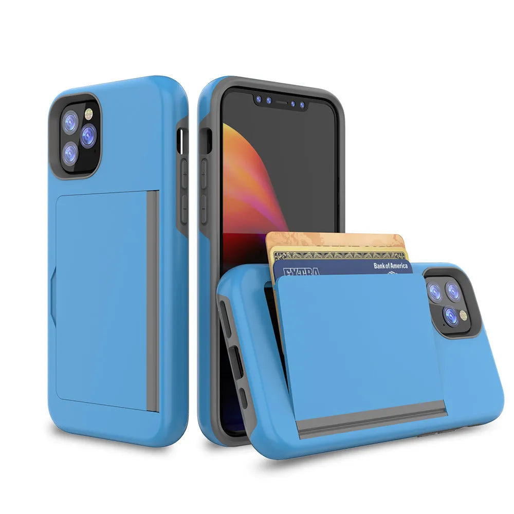 Slim solid-colour mobile phone case for iPhone 11, shown in black, red, pink, blue, dark blue, and purple.