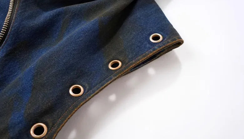 Blue hooded denim vest coat with matching trousers mens Korean style casual set