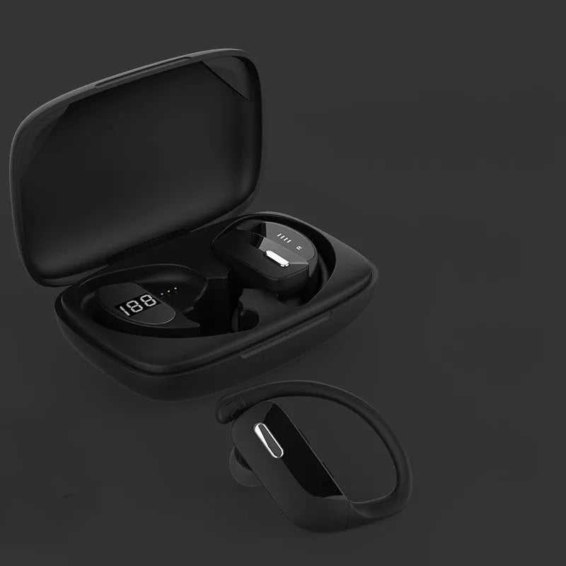 Black hanging ear wireless Bluetooth headset with LED digital display showing battery status