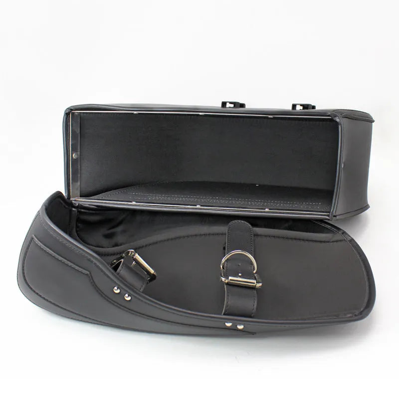 Motorcycle saddle bag retro side box in PU leather showing black and brown colour options