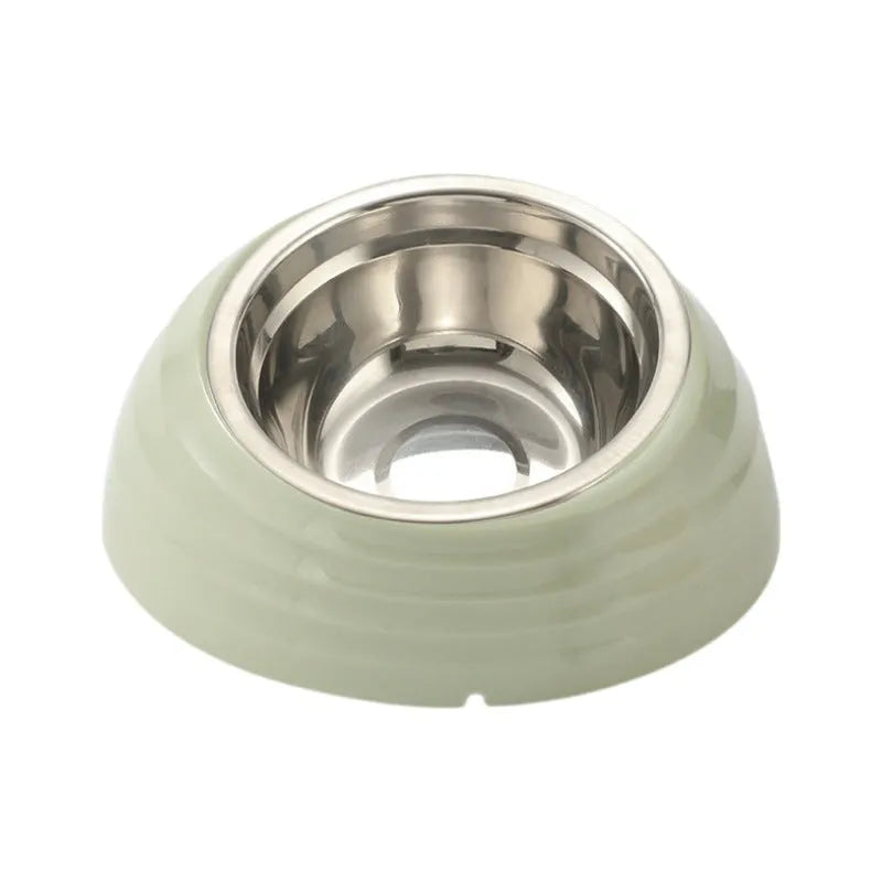 Stainless steel cat bowl in plastic base, shown in light green, beige, and brown colour options.
