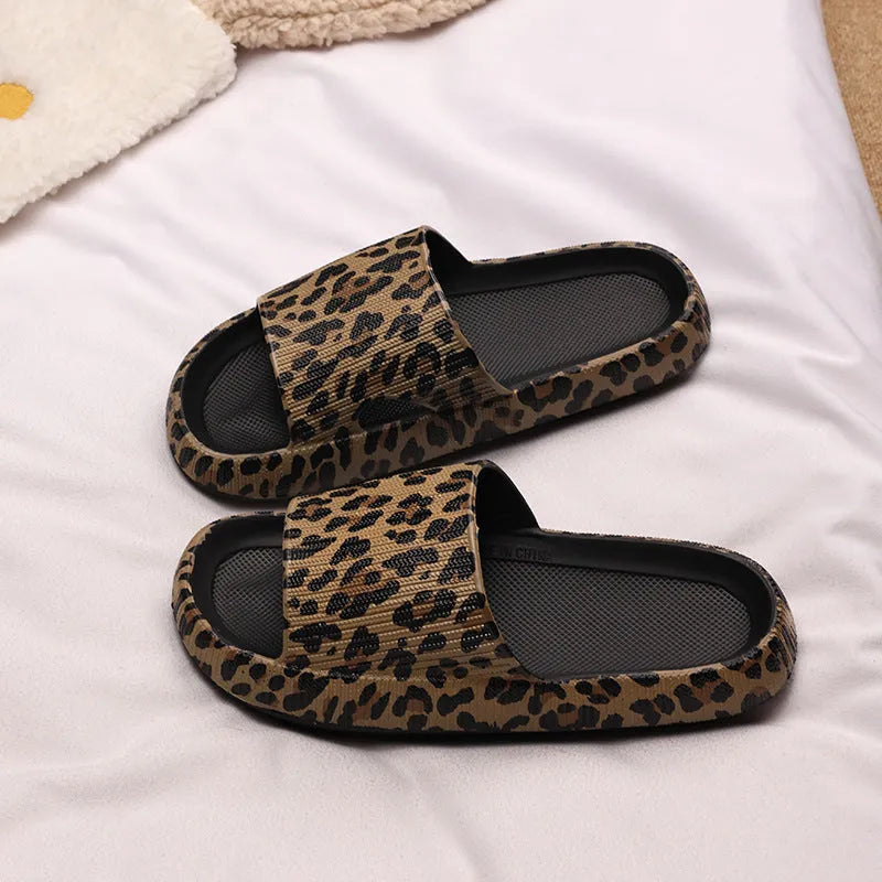 Women's leopard print EVA slippers with thick sole on a white background
