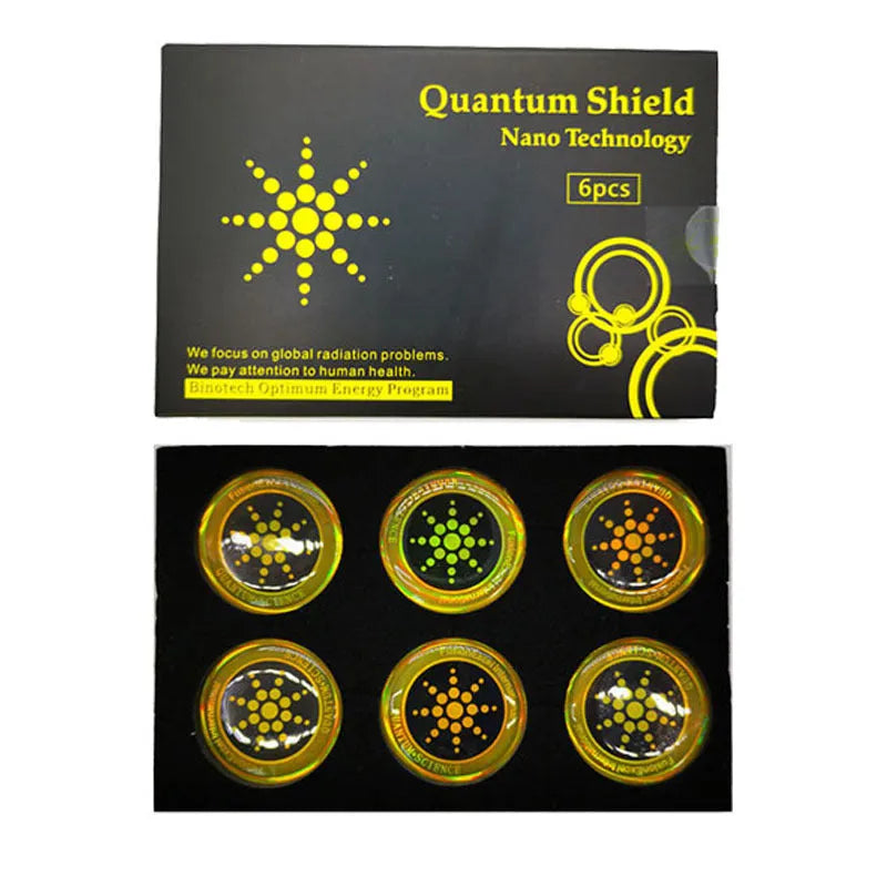 Pack of six gold and silver anti-radiation mobile phone stickers on a white background.