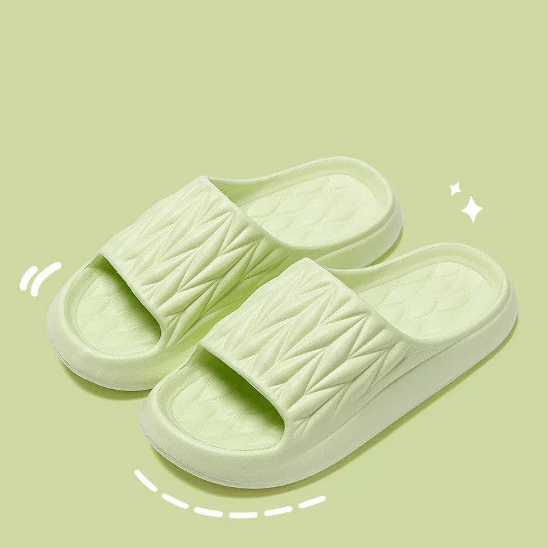Leaf texture design EVA slippers for men and women in various colours, showing anti-slip sole.