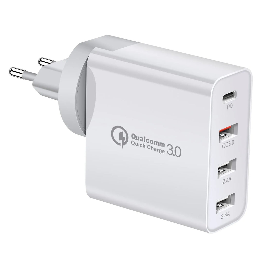 Black or white 48W PD charger with four USB Type-C ports and a power indication light.