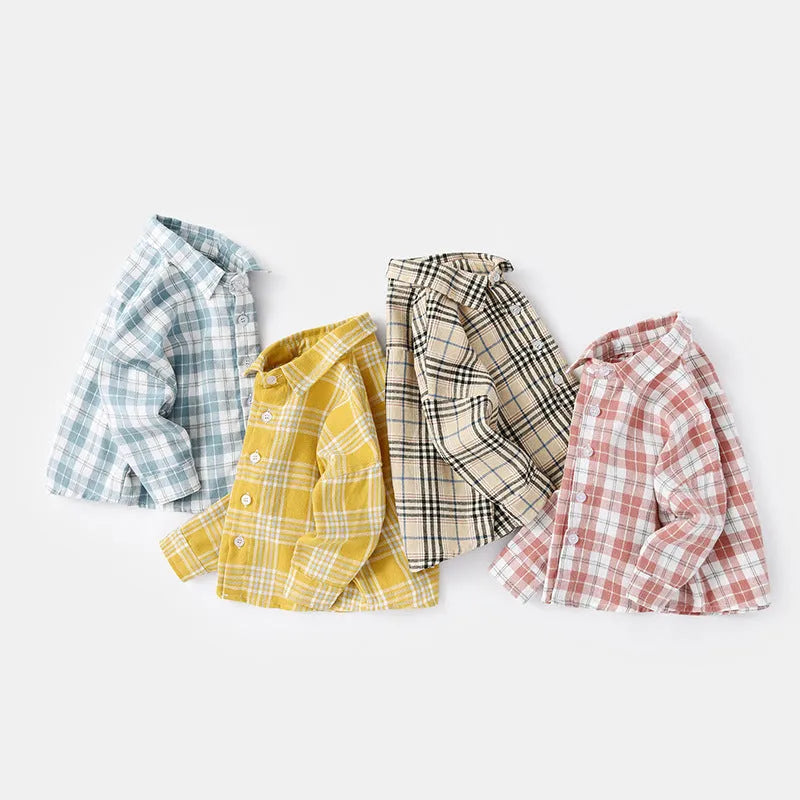 Boys cotton lattice casual shirt with animal pattern in khaki, light blue, pink, or yellow.