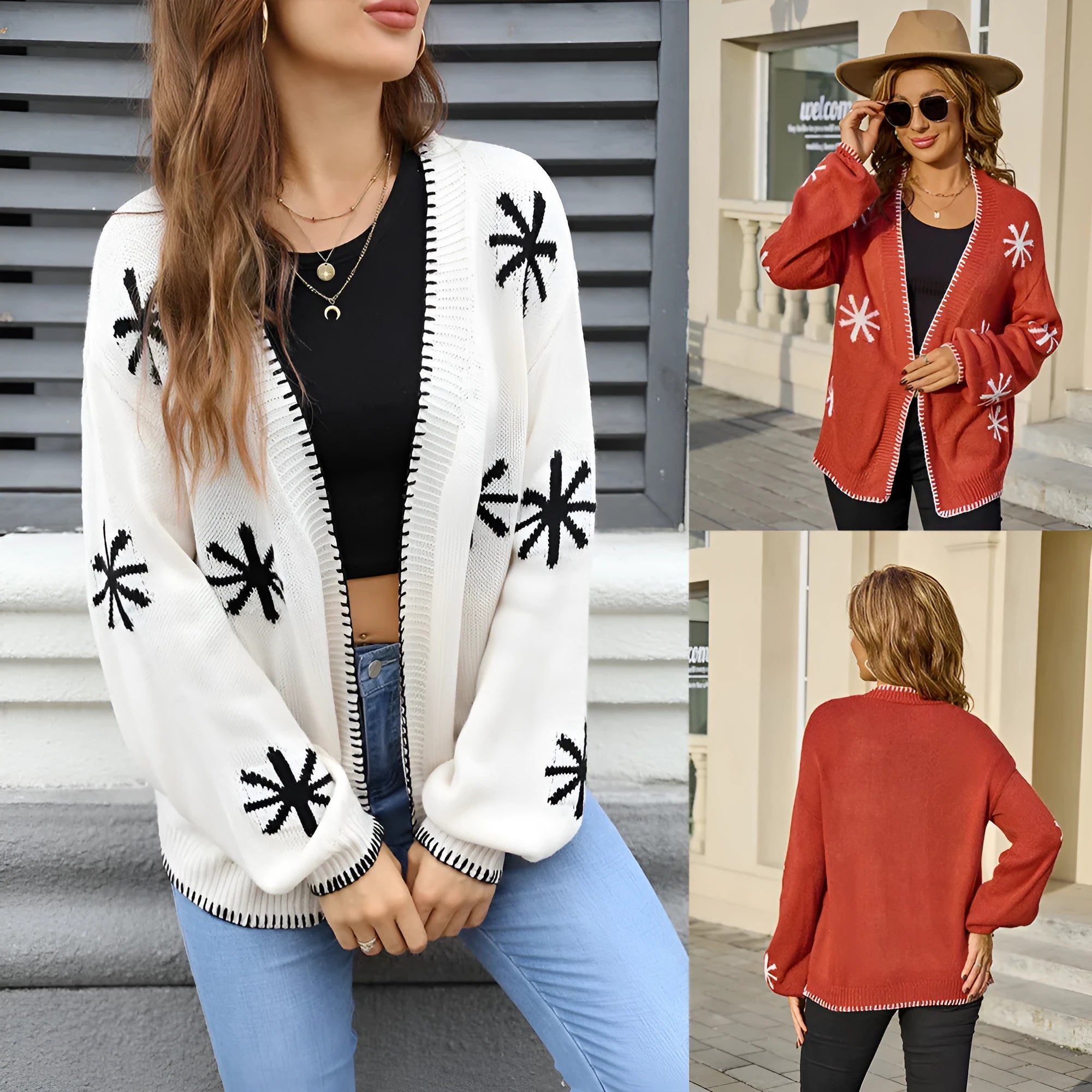 Women's beige jacquard knitted coat with floral pattern, loose fit, and off-neck design