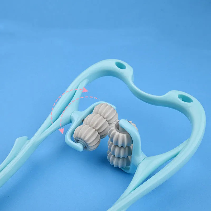 Blue swan-shaped six-wheel manual neck massager with rotating rollers and a separate natural jade scraping board on a white background.