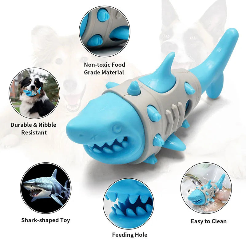Blue shark-tooth textured dog chew toy with bite-resistant rubber construction and squeaker