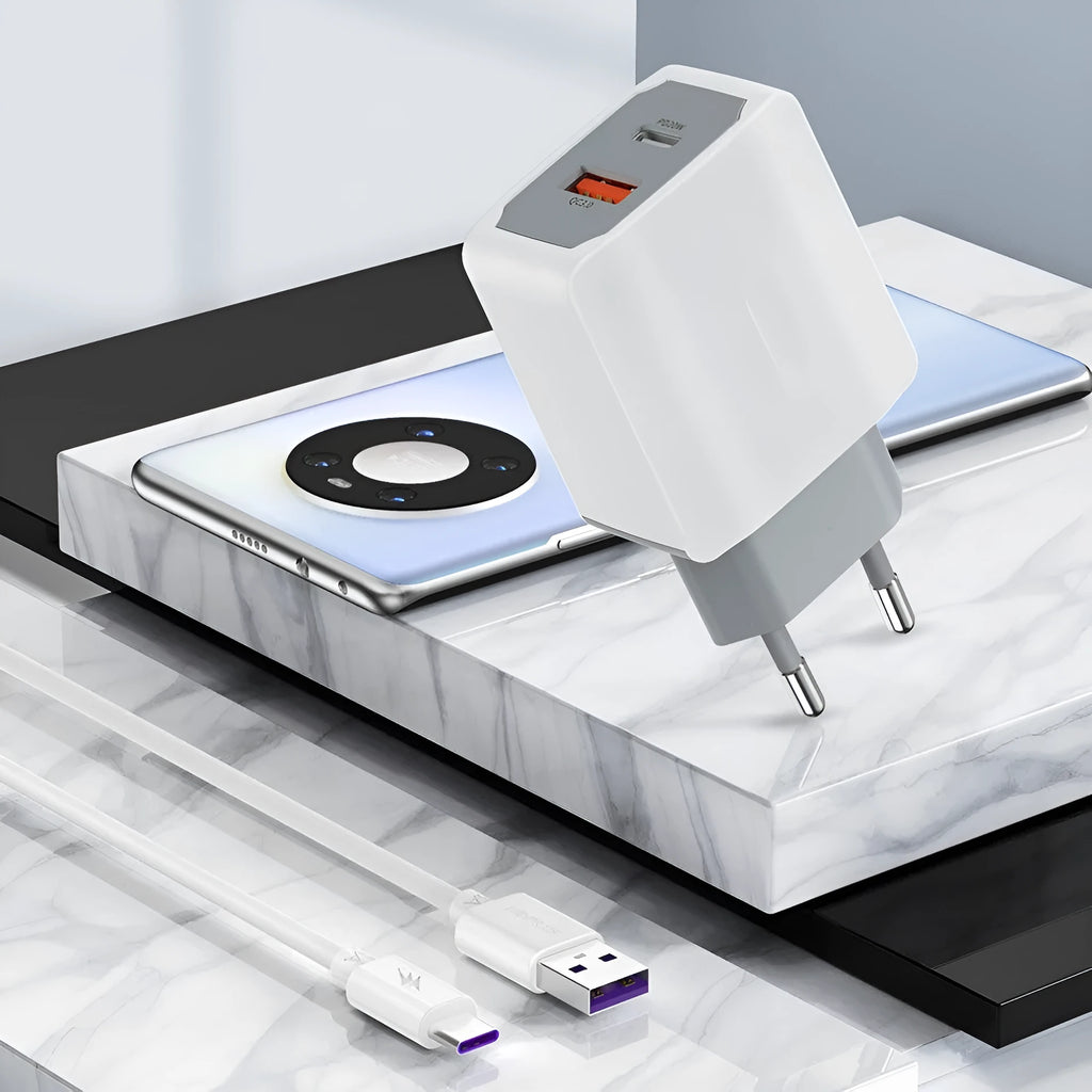 White phone fast charge charger set with European standard USB cable on a plain background